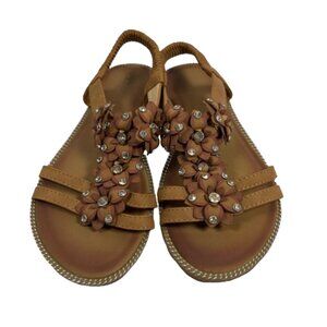Saimeitu‎ Womens Flat Open Toe Leather Sandals Size 7.5 Floral Rhinestones Boho
